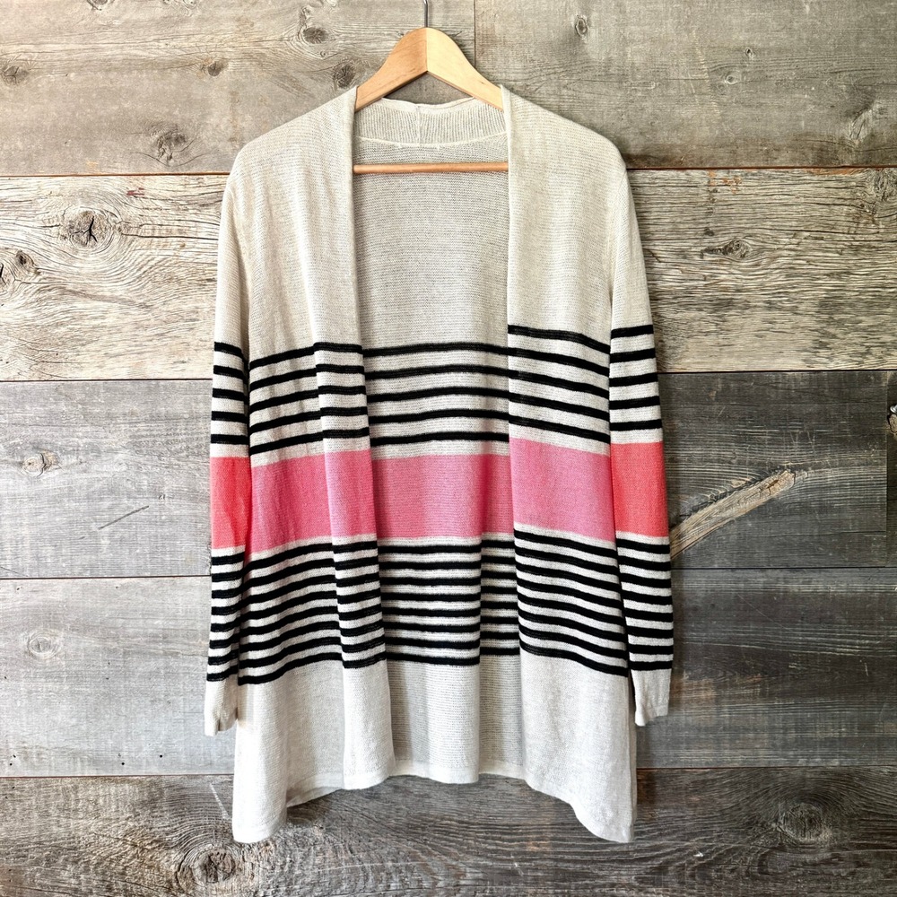 J Jill Linen Blend Striped Open Front Cardigan M Pink Black Preppy Breathable